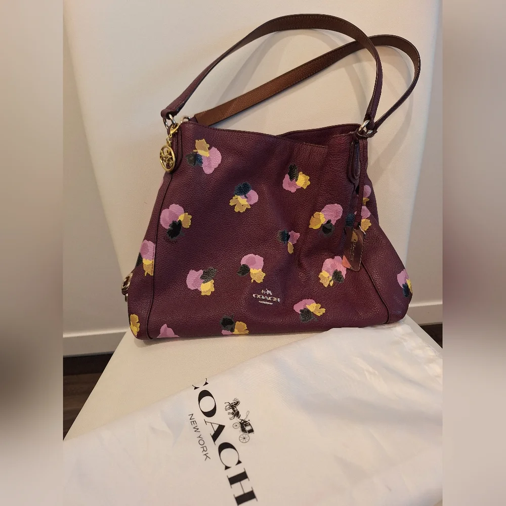 EUC Coach Plum Floral Edie Pebbled Leather Bag w/ Dust Bag (Gold Key Chain) - Picture 3 of 6